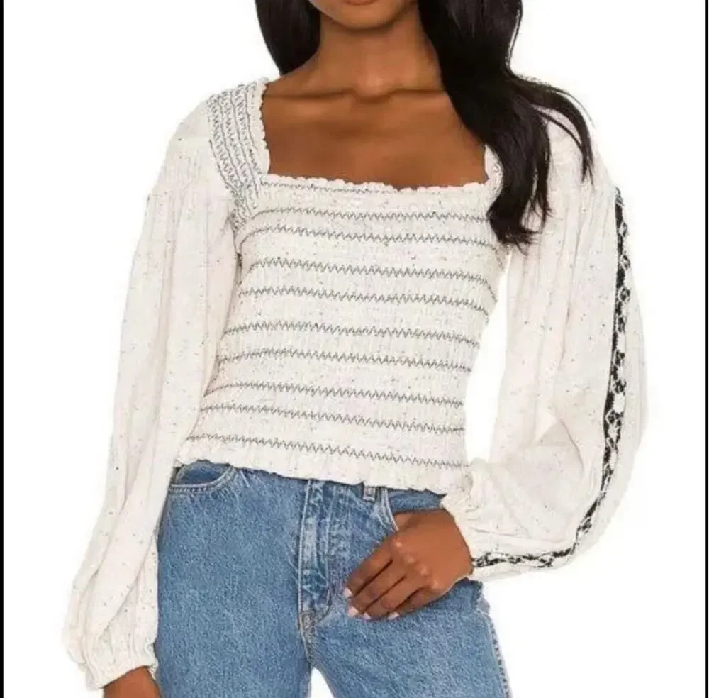 Free People Maggie Medium Embroidered Top Square Neck Smocked Puff Sleeves Ivory